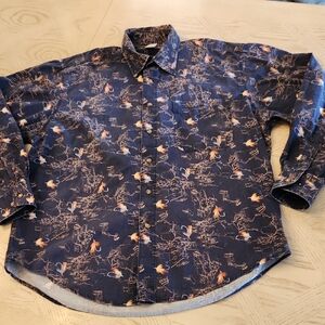 Crossings Men's Fly Fishing Lure Navy  Button Down Cotton Shirt Size M